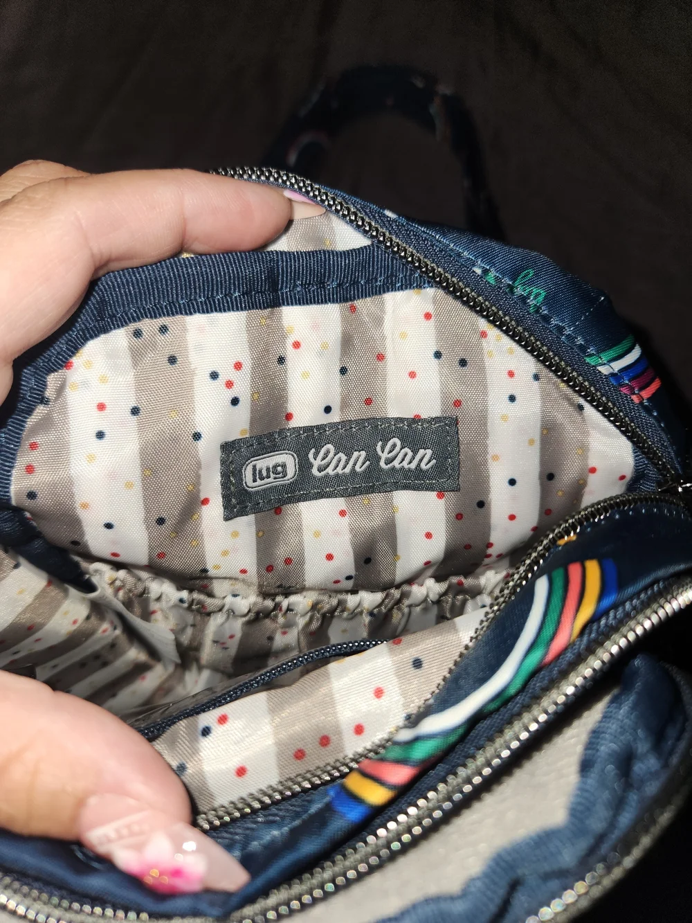 lug Can Can Navy Quilted Crossbody Bag with Rainbow Print